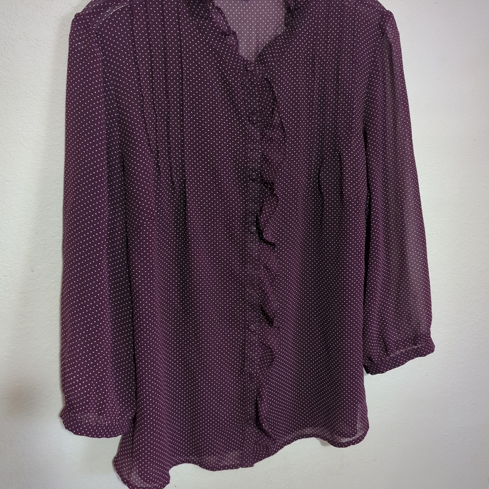 Purple Polkadot BANANA REPUBLIC Sheer Button Up Ruffle Blouse L